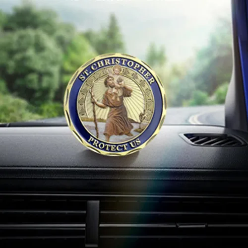 Vista 6 de 10PCS St Christopher Challenge Coins Patron Saint Traveler Protection Medal Catholic Travel Safety Gift for Drivers Pilgrims Commuters Road Trips