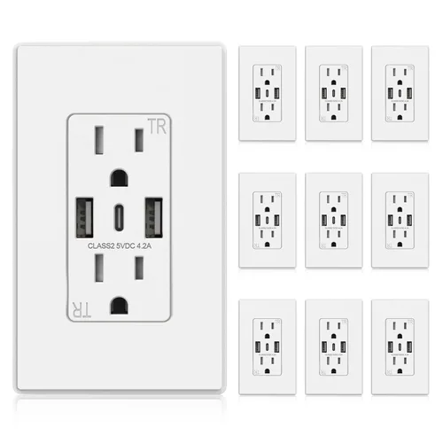 Vista 13 de ELEGRP Tomacorrientes de pared USB, Receptáculos de tomacorrientes de pared USB C de 3 puertos, tomacorrientes negro mate de 15 amperios con 3