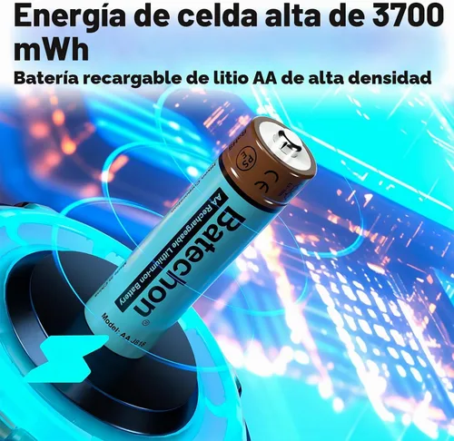 Vista 3 de Batería AA recargable de litio con cargador, paquete de 8 baterías de litio AA recargables, baja autodescarga y larga duración de hasta 2000 ciclos