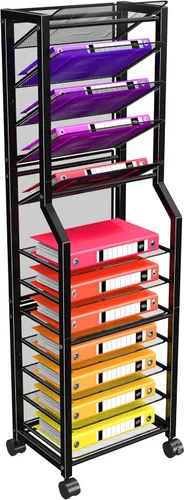 Vista 8 de Simple Trending - Carrito de archivo de 12 niveles con ruedas, organizador de escritorio con bandejas deslizantes y malla metálica