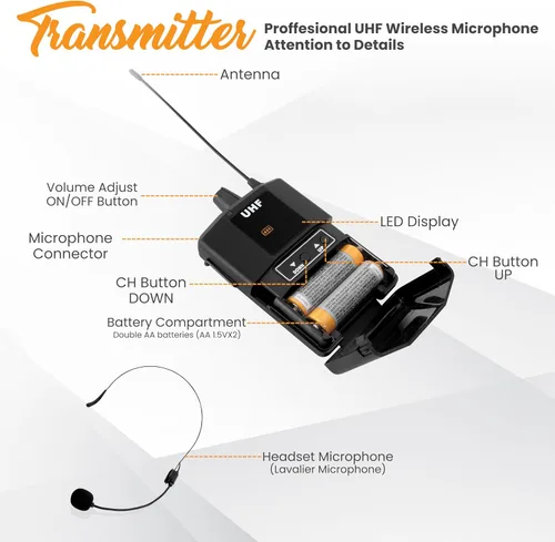 Vista 5 de Kit de sistema de micrófono inalámbrico UHF - Juego de micrófono inalámbrico profesional portátil con micrófono de auriculares, micrófono de solapa