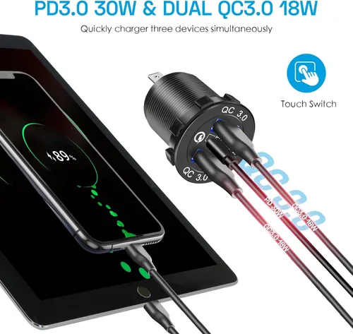 Vista 7 de Panel de cargador USB de 12 V con puertos PD de 30 W y doble QC3.0 de 18 W: 4 en 1 salida USB RV de aluminio impermeable, enchufe de encendedor