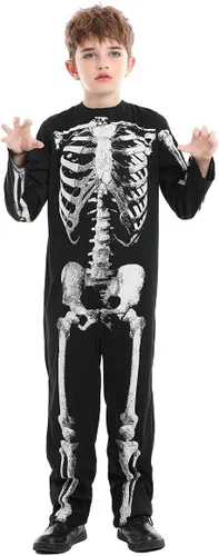 Vista 2 de Seasons Disfraz de esqueleto brillante para niños, overol de huesos de Halloween para niñas y niños, divertido fiesta de disfraces, brilla