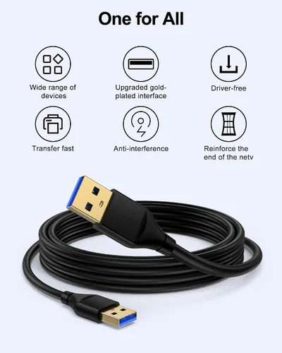Vista 5 de Cable USB a USB de 6 pies, macho a macho, cable USB A a USB A para discos duros WD, PC, Mac, laptop, PS4, Xbox, USB 2.0 tipo A, impresora, cable