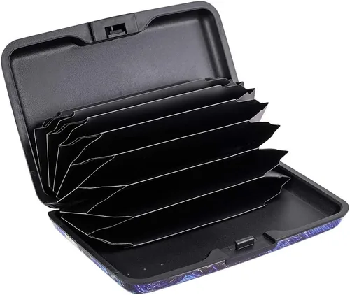 Vista 2 de ELFISH Cartera de aluminio con bloqueo RFID para tarjetas de crédito para hombres y mujeres, ver luna, Cartera RFID
