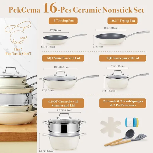 Vista 2 de PekGema - Juego de ollas y sartenes de cerámica, juego de 16 piezas de artículos de cocina antiadherentes, no tóxicos, aptos para horno