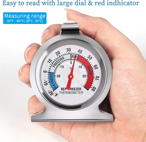Vista 11 de Termómetro de acero inoxidable para nevera, paquete de 4, termómetros de congelador de esfera grande con indicador rojo para el hogar, cocina
