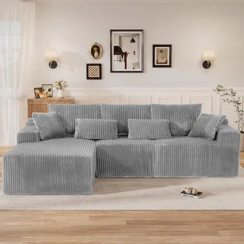 Vista 34 de Sofás seccionales sin hueso en forma de L de 108 pulgadas para sala de estar, moderno y cómodo sofá modular de pana comprimida de espuma