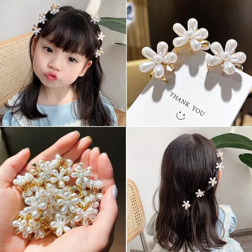 Vista 4 de 10 pinzas pequeñas de perlas para el cabello para mujeres y niñas, diseño de garra de flor de perla, accesorios decorativos para el cabello