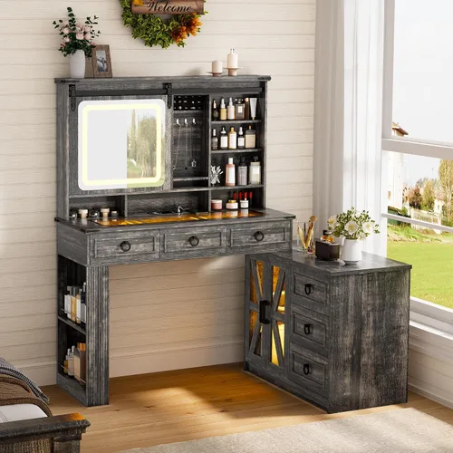 Vista 8 de Lvifur Tocador de Estilo Granja con Espejo Deslizante y Luces, Mesa de Tocador con Superficie de Cristal y Almacenamiento de Joyas, Juego de Tocador
