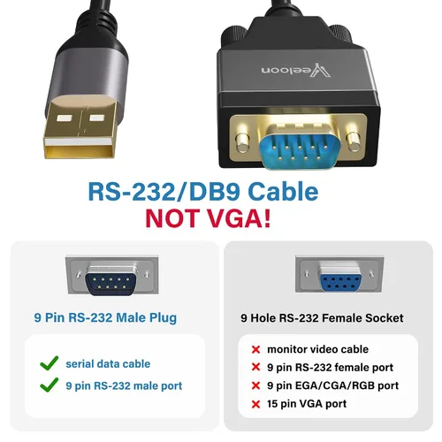 Vista 2 de Adaptador USB 2.0 a serie (FTDI Chipset), 4 pies USB A a RS232 macho DB9 Convertidor de pines Cable serie con bridas para Windows 11, 10, 8.1, 8, 7