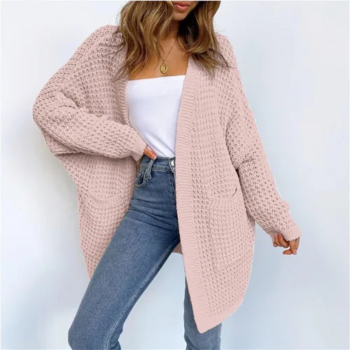 Vista 3 de Cárdigan de punto grueso con frente abierto para mujer, suéter de manga larga, acanalado, ligero, elegante, casual, para exteriores