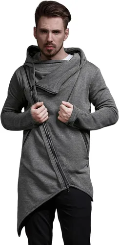 Vista 3 de COOFANDY Sudadera con capucha para hombre ligera casual dobladillo irregular estilo hip hop longitud larga con cremallera