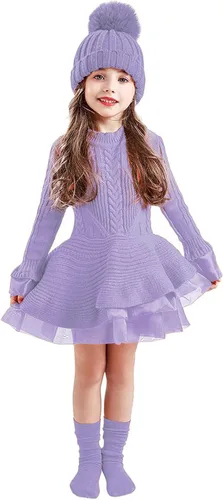 Vista 2 de Suéter de Navidad de ganchillo de invierno para niñas pequeñas, vestido de punto y banda para el cabello (morado, 2-3 años)