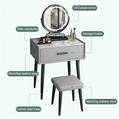 Vista 2 de Juego de mesa de tocador con espejo de brillo ajustable y taburete acolchado, mesa de maquillaje con cajón grande para mujeres, niñas pequeñas Gris