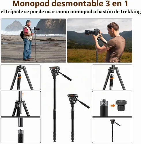 Vista 7 de Trípode con cabeza fluida para videocámara DSLR, monopié trípode de cámara con panorámica de 360° y +90°/-70° de inclinación, nueva cabeza fluida Q6