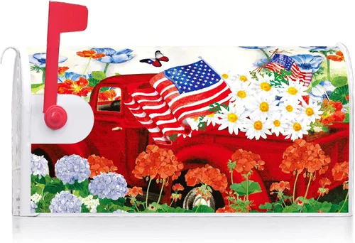 Vista 2 de Texupday Cubierta para buzón patriótico de American Red Truck Daisy Floral Memorial Day con tira magnética para buzón del 4 de julio