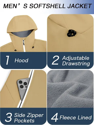 Vista 6 de Runcati Chaqueta Softshell para hombre, con forro polar, rompevientos, bloque de color, impermeable, con capucha, para senderismo