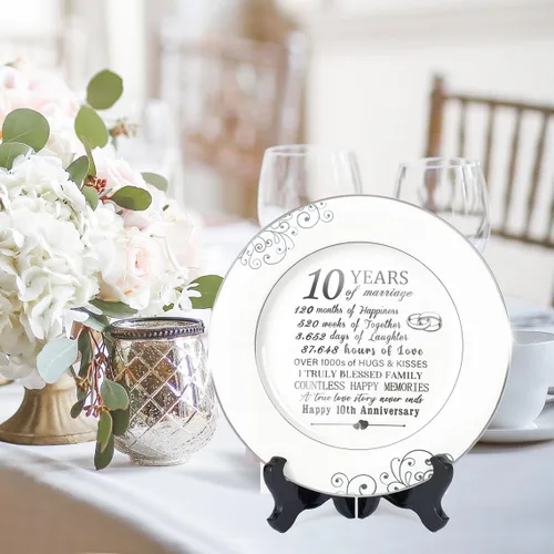 Vista 5 de Urllinz Plato del 10º Aniversario con Decoraciones de Lámina de Platino - Regalos de Estaño de Boda de 10 Años para Ella Parejas Esposa Él Marido