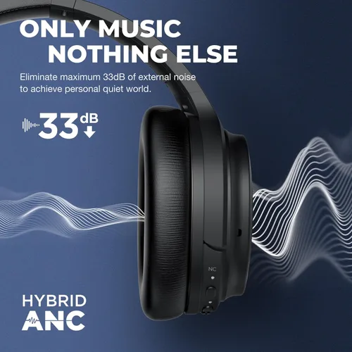 Vista 3 de MOVSSOU Auriculares híbridos con cancelación activa de ruido, auriculares Bluetooth inalámbricos sobre la oreja con micrófono, graves profundos