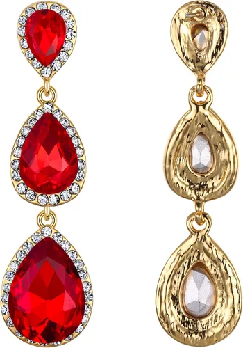 Vista 5 de EleQueen Aretes de cristal austriaco dorado con forma de lágrima de pera de 2.5 pulgadas de largo, color esmeralda, Cristal