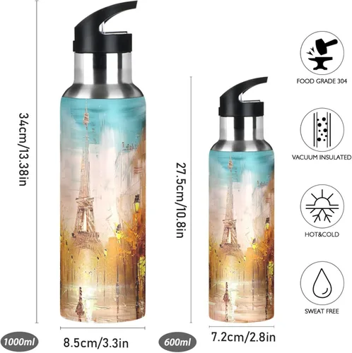 Vista 2 de Stainless Steel Vacuum Insulated Water Bottle 32 Oz, Leakproof Water Bottles for Gym Outdoor Travel School, Painting Street Paris Eiffel
