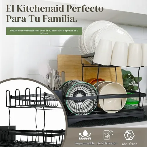 Vista 2 de DINEST Escurridor de platos de 2 niveles con escurridor, escurridor de platos de hierro resistente a la corrosión con boquilla giratoria de 270°