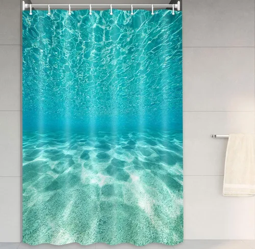 Vista 8 de MERCHR Cortina de ducha de playa azul océano, naturaleza bajo el agua, escena del mundo del mar, cortinas de baño, tela impermeable, 36 x 72 pulgadas