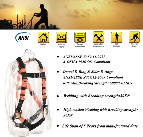 Vista 2 de Kit de arnés de seguridad de protección contra caídas industrial con anillos 3D con doble pierna de 6 pies, cordón elástico con amortiguador