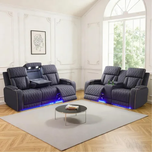Vista 27 de Sofá reclinable con luces LED, sofá reclinable de cuero con dos asientos reclinables/puerto USB/consola de almacenamiento/soporte para vasos