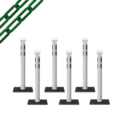 Vista 14 de CCW 6-Pack 45" Delineador Post Kit Kit de 3.0 in collares reflectantes, base de goma de 10 lb (6 postes blancos con cadena negra de 50 pies)