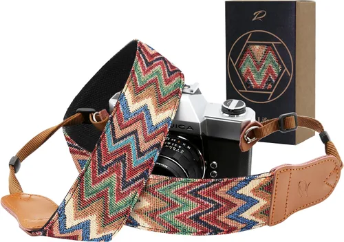 Vista 11 de Padwa Lifestyle Helios Moon God - Correa para cámara de 2 pulgadas, doble capa, extremos de piel vacuna, correas de cámara para fotógrafos, tejido