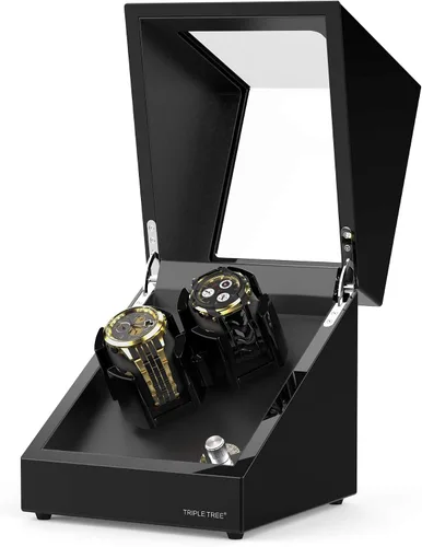 Vista 2 de TRIPLE TREE Enrollador de reloj doble para relojes automáticos, caja automática de reloj con acabado de piano de carcasa de madera, con motor