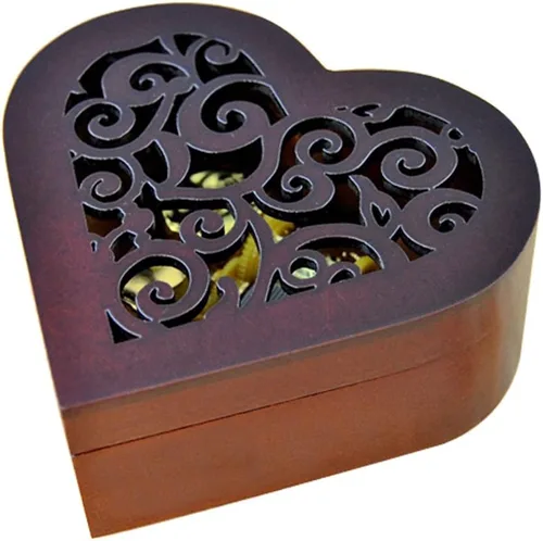 Vista 3 de FnLy Caja musical de madera grabada antigua, caja musical Moon River, con movimiento chapado en oro, en forma de corazón