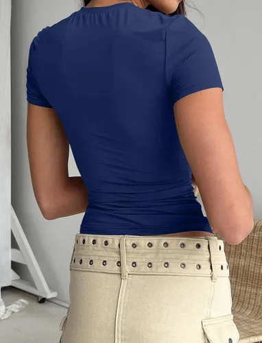 Vista 3 de PGANDS Camiseta corta de manga corta de verano para mujer, cuello redondo, básica, lisa, Y2K, ajustada