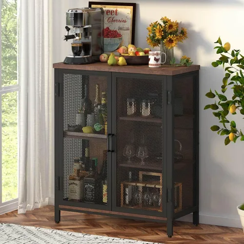 Vista 2 de BON AUGURE Armario rústico de barra de café para el hogar, mesa consola rústica detrás del sofá, juego de muebles de madera y metal para sala