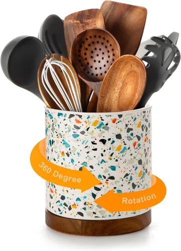Vista 9 de Nucookery Soporte giratorio para utensilios de cocina de 360°, 7.2 pulgadas, organizador de utensilios de cocina de cerámica blanca, decoración