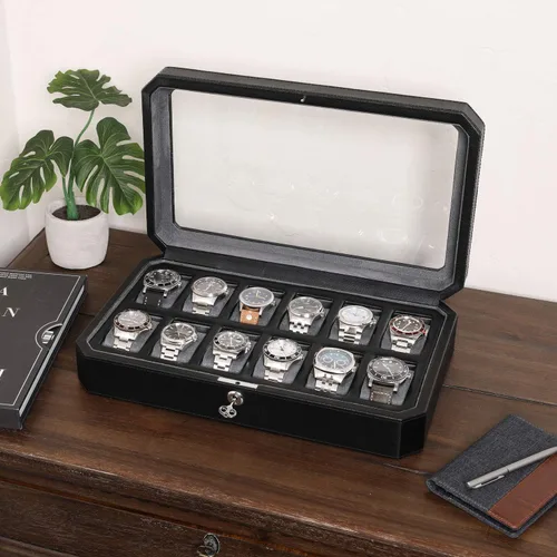 Vista 3 de ROTHWELL Juego de regalo de 12 ranuras de cuero y caja de viaje a juego de 5 relojes, organizador de exhibición de lujo para relojes, soporte