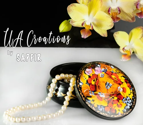 Vista 4 de UA Creations - Joyero redondo pequeño con flores sobre laca negra diseño floral