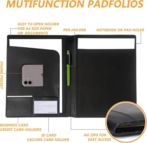 Vista 3 de Carpeta Portafolio de Cuero con Almohadilla, Organizador de Negocios Portafolio Planificador de Documentos Carpeta con Bolsillo de Almacenamiento