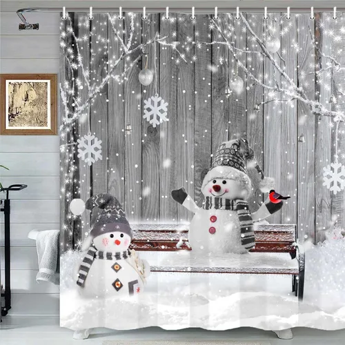 Vista 11 de Cortina de ducha de granja de Navidad para baño, decoración del hogar de árbol de Navidad de invierno, cortinas de baño de madera de puerta