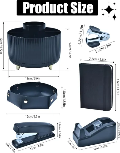 Vista 5 de Accesorios de escritorio negros, suministros de oficina, organizador de escritorio con soporte para bolígrafos de 360°, con dispensador de cinta