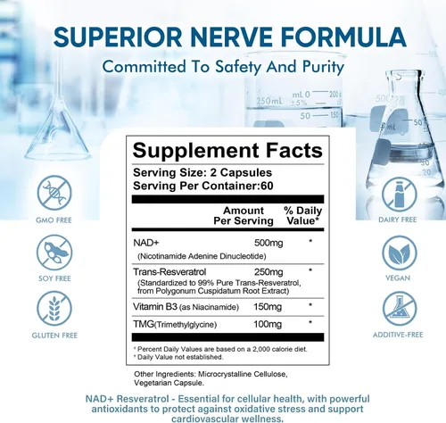 Vista 6 de Suplemento NAD+ de 1500 mg puro orgánico, NAD+ Resveratrol y vitamina B3 para mujeres y hombres, refuerzo energético y apoyo antienvejecimiento, 120