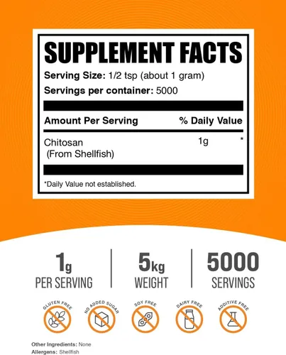 Vista 2 de BulkSupplements. com Chitosan Powder - Suplemento de fibra, suplemento de apoyo renal - grado alimenticio y sin gluten, 0.04 oz por porción, 2.2 lbs