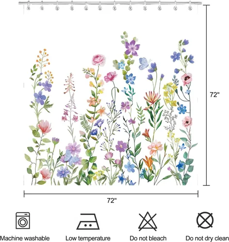 Vista 6 de Cortina de ducha floral de primavera, cortinas de ducha de plantas de flores silvestres para baño, cortina de baño de tela de poliéster impermeable