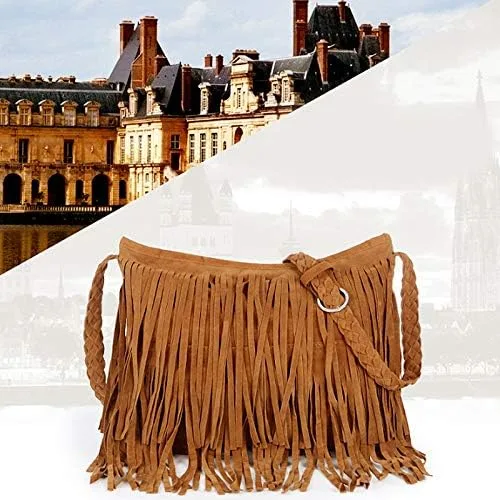 Vista 7 de Goclothod Bolso de hombro estilo hobo de gamuza con flecos, estilo hippie para mujer, estilo vintage