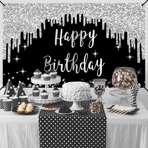 Vista 5 de Cartel de feliz cumpleaños negro y blanco plateado para mujeres y niñas, cartel de feliz cumpleaños negro y plateado, suministros de fiesta, póster