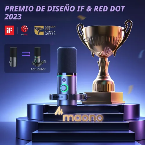 Vista 6 de MAONO Kit de micrófono dinámico XLR/USB, micrófono podcast RGB con software, silencio, perilla de ganancia, control de volumen, brazo de brazo