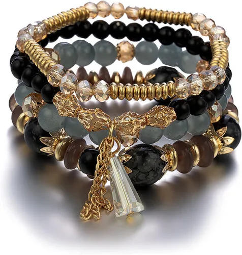Vista 3 de Pulseras apilables de cuentas para mujer hombre juego de pulseras elásticas multicapa multicolor para reloj de joyería negro talla única