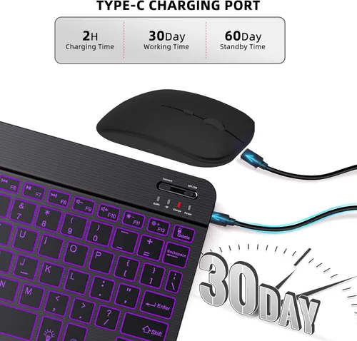 Vista 6 de Funda de teclado para Samsung Galaxy Tab A8 10.5 pulgadas - 7 colores retroiluminados cubierta de teclado y mouse (negro)